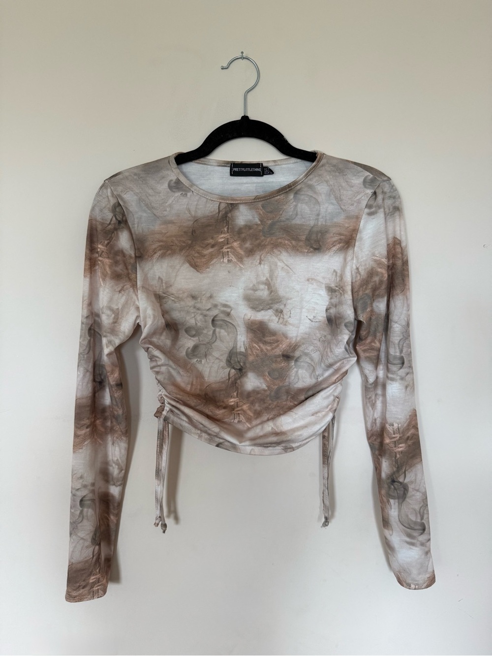 PrettyLittleThing Brown Abstract Smoke Print Ruched Long Sleeve Top Size 6